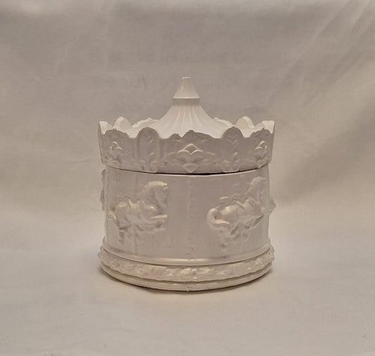White handmade resin carousel trinket box with horse designs and removable ornate lid.